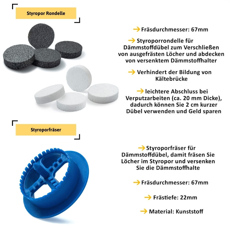 STRÜBER WDVS SET (Dämmstoffdübel mit Metalldorn + Styropor Rondelle + Styroporfräser)