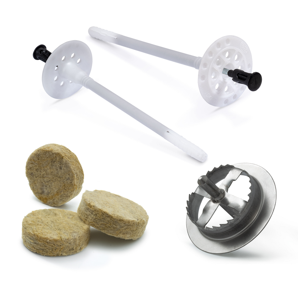 STRÜBER Dämmstoffdübel Set 8x95mm Schlagdübel mit Stahlnagel 200 Stk. + 200 Mineralwolle Rondelle + 1 Metall Fräser / WDVS-SET