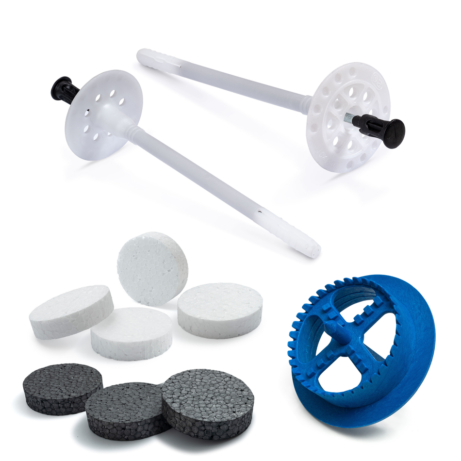 STRÜBER Dämmstoffdübel Set 8x135mm Schlagdübel mit Stahlnagel 100 Stk. + 100 Styropor Rondelle + 1 Fräser / WDVS-SET
