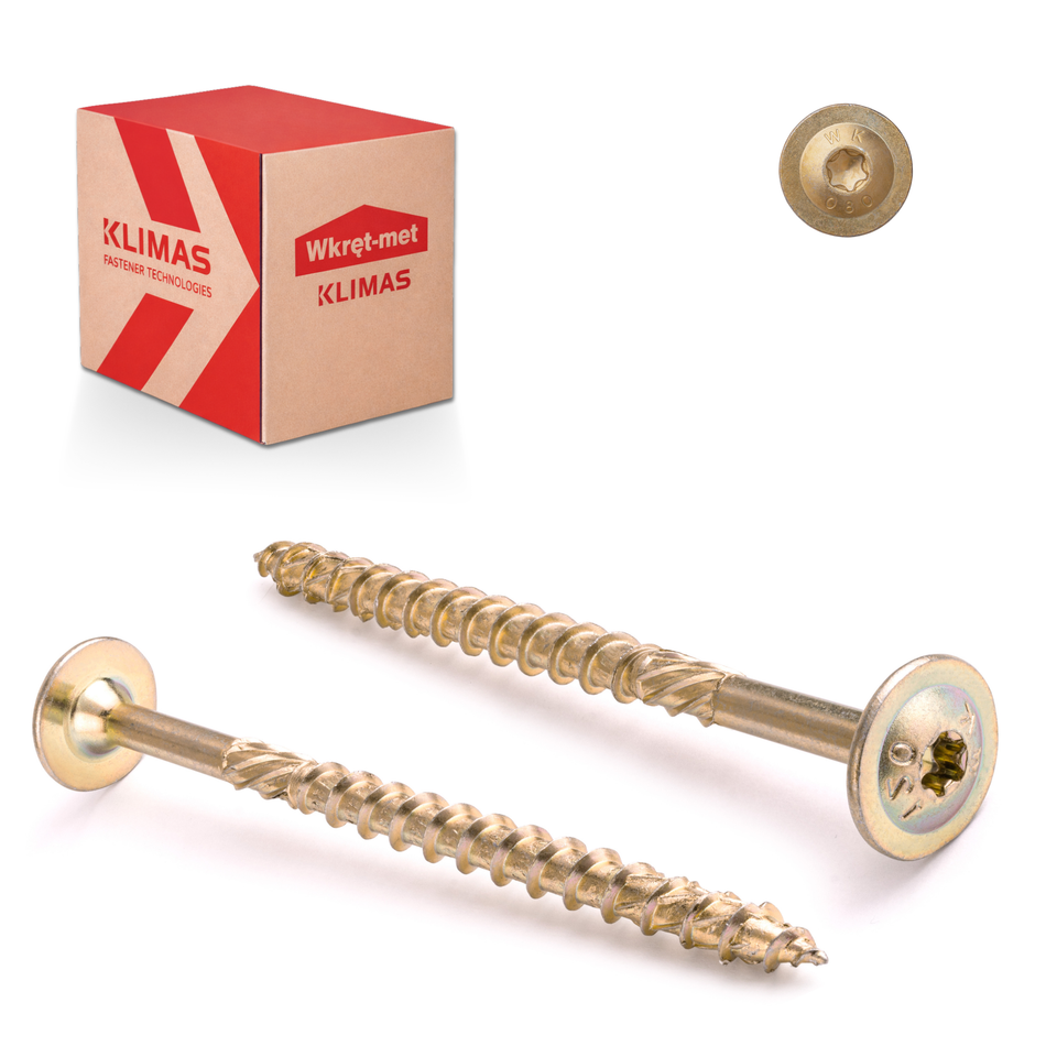 KLIMAS Tellerkopfschrauben 6x50 mm / 100 Stk. - Holzschrauben mit Torx-Antrieb - Gelb verzinkte Konstruktionsschrauben