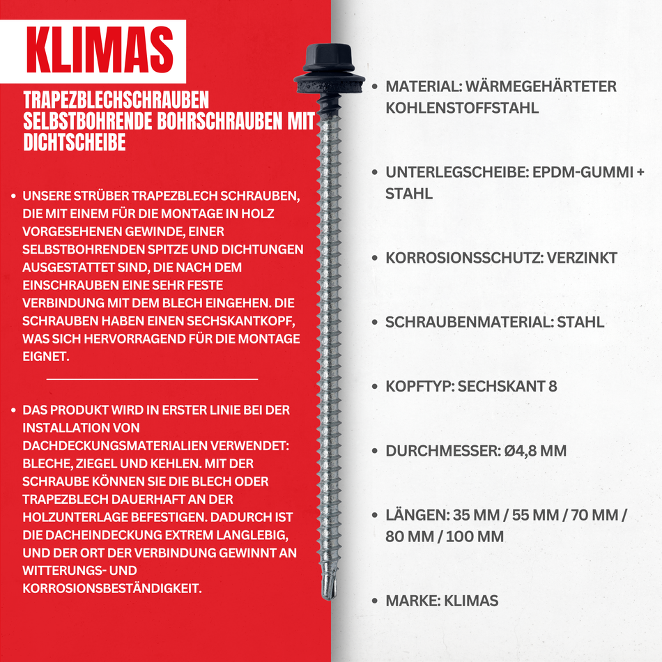 KLIMAS Trapezblechschrauben 4,8x55 mm / 200 Stk. / RAL 9010 - Reinweiß - Selbstbohrende Bohrschrauben mit Dichtscheibe