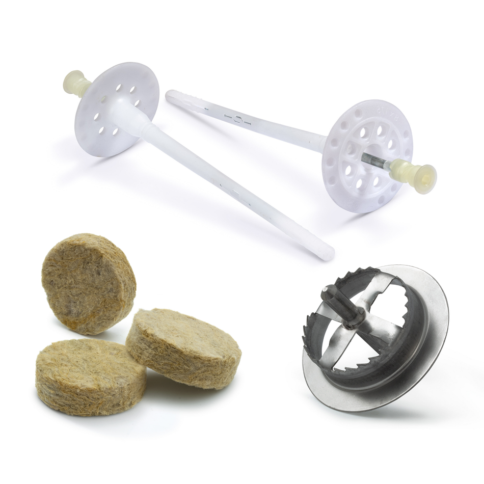 STRÜBER Dämmstoffdübel Set 8x95mm Schraubdübel mit Metalldorn 800 Stk. + 800 Mineralwolle Rondelle + 1 Metall Fräser / WDVS-SET