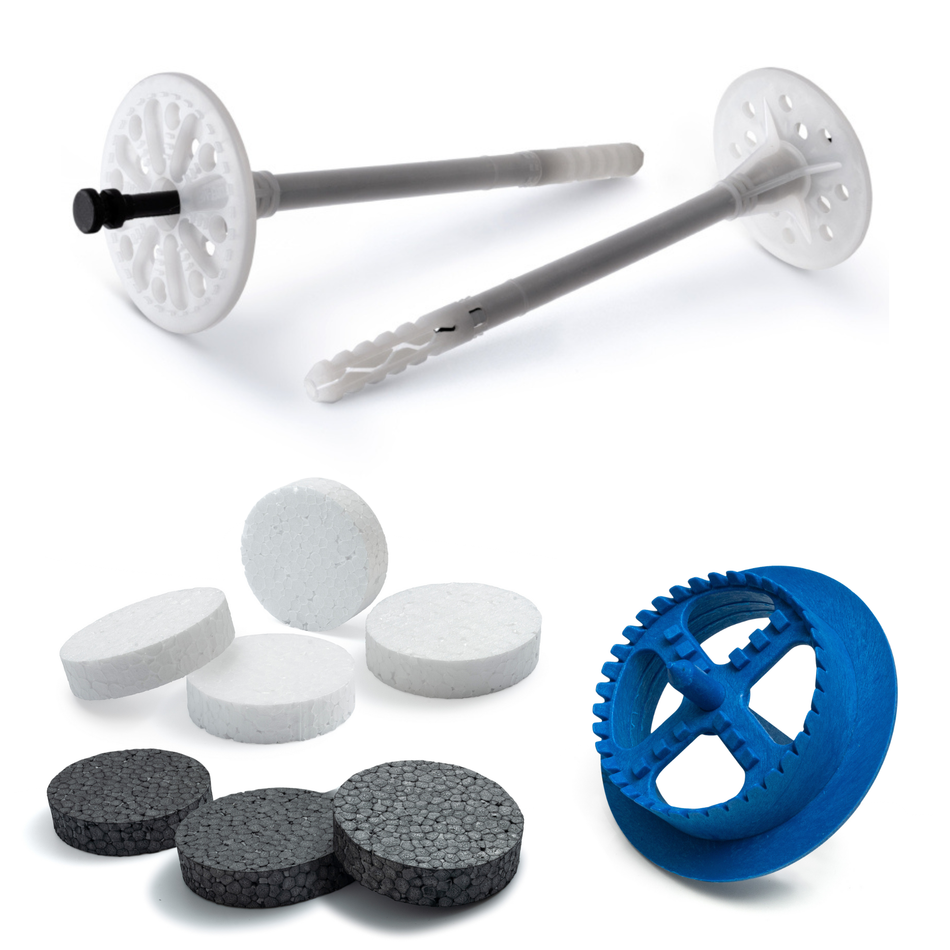 STRÜBER Dämmstoffdübel 8x175mm Tellerdübel aus Nylon mit Kunststoffnagel 200 Stk. + 200 Weiß Styropor Rondelle + 1 Fräser / WDVS-SET
