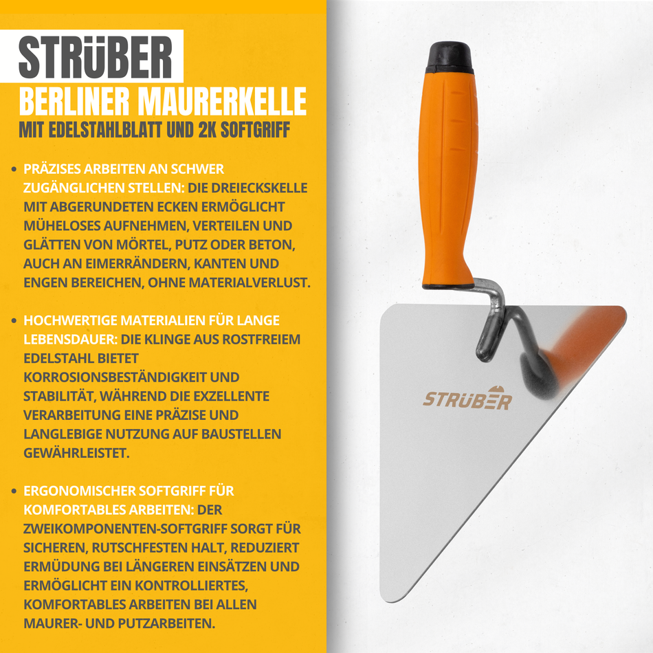 STRÜBER Berliner Maurerkelle 180 mm mit Edelstahlblatt und 2K Softgriff
