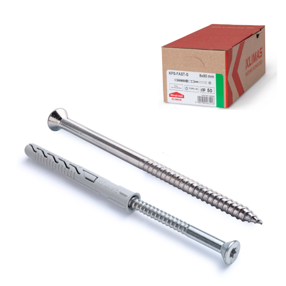 KLIMAS Rahmendübel 8x140 mm / 25 Stk. - Fensterrahmendübel mit Senkkopfschrauben Torx - Langschaftdübel