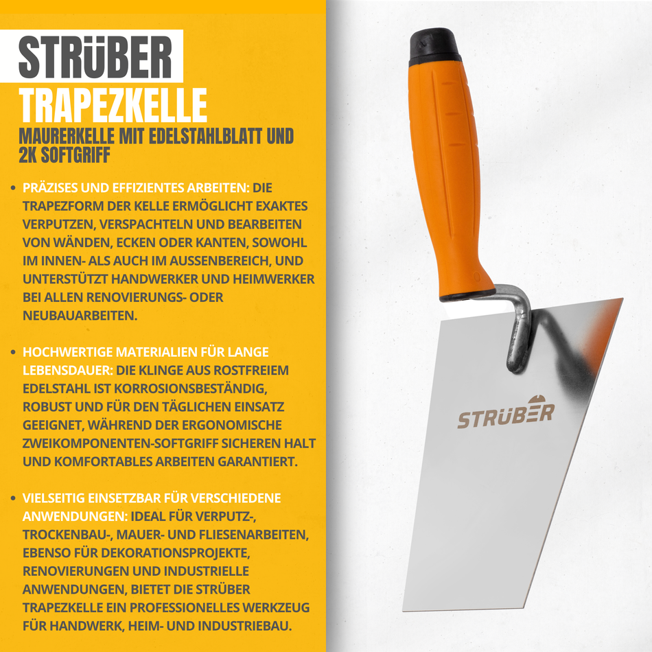 STRÜBER Trapezkelle 130 mm - Maurerkelle mit Edelstahlblatt und 2K Softgriff
