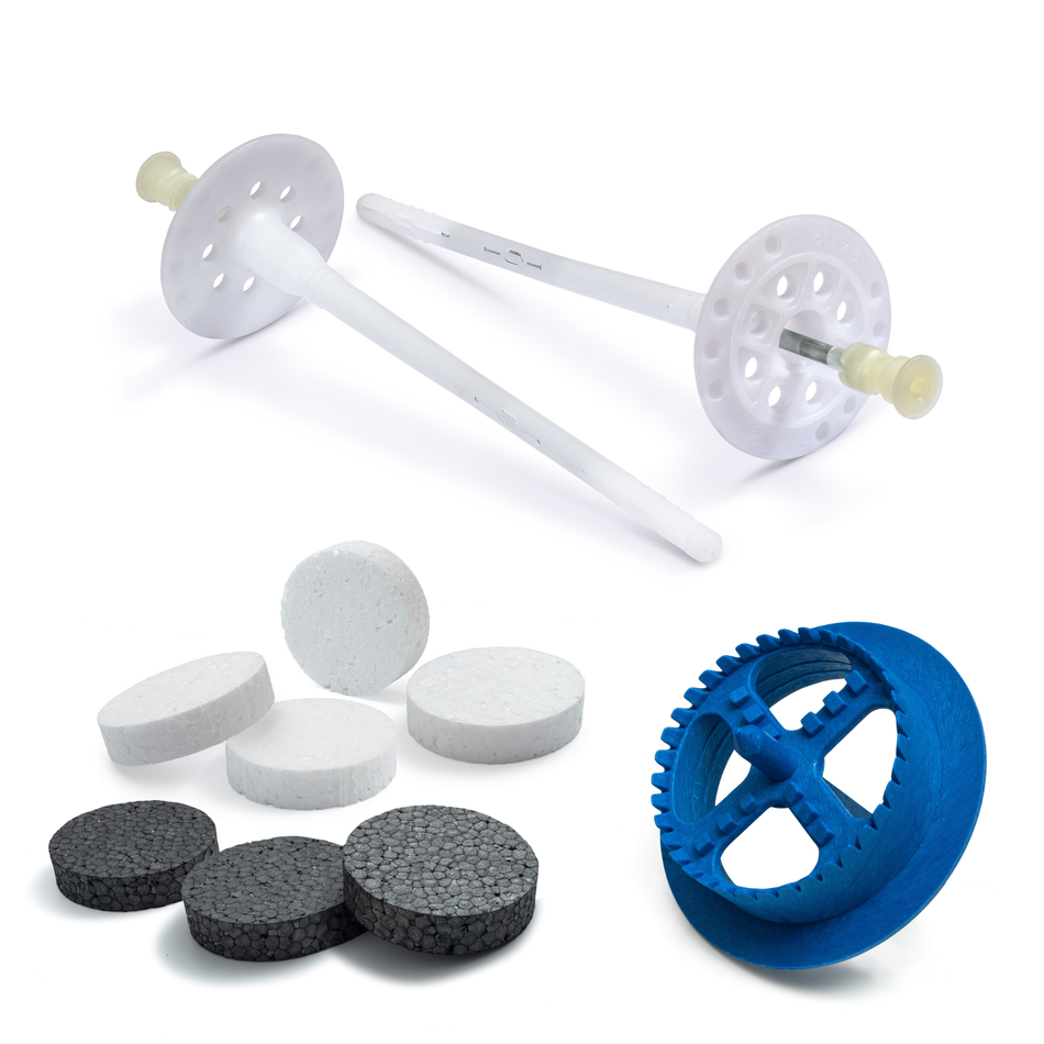 STRÜBER Dämmstoffdübel Set 8x115mm Schraubdübel mit Metalldorn 1000 Stk. + 1000 Grau Styropor Rondelle + 1 Fräser / WDVS-SET
