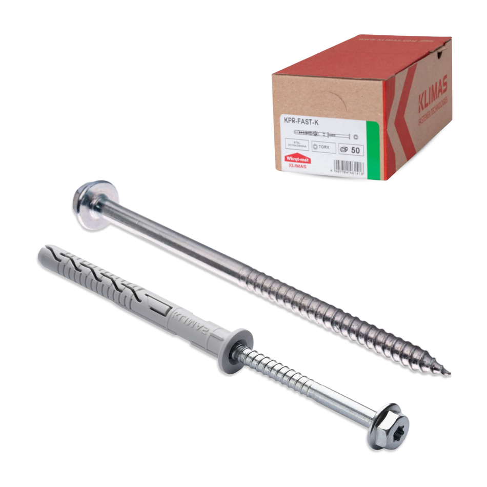 KLIMAS Rahmendübel 12x100 mm / 25 Stk. - Fensterrahmendübel mit Sechskantschraube & Scheibenkopf mit SW/TX-Buchse – Langschaftdübel