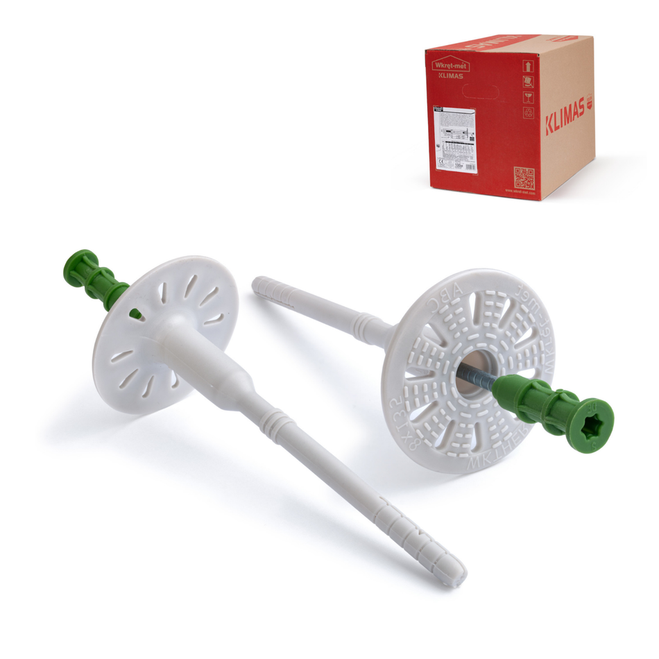 KLIMAS Dämmstoffdübel 8x135mm / 200 Stk. mit Metalldorn – Schraubdübel aus Nylon mit Stahlnagel – Tellerdübel für WDVS - Thermodübel für Mineralwolle und Styropor