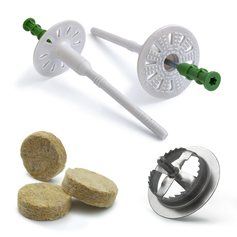 KLIMAS Dämmstoffdübel Set 8x155mm Schraubdübel mit Metalldorn 300 Stk. + 300 Mineralwolle Rondelle + 1 Metall Fräser / WDVS-SET