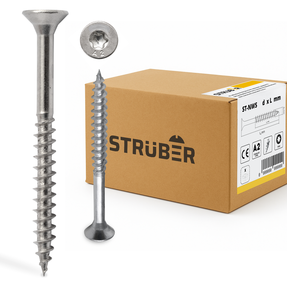 STRÜBER Universalschrauben A2 Edelstahl 4,5 x 40 mm / 200 Stk. - Spanplattenschrauben mit Senkkopf und Torx-Antrieb - Holzschrauben mit Teilgewinde