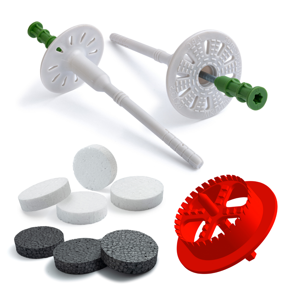 KLIMAS Dämmstoffdübel Set 8x235mm Schraubdübel mit Metalldorn 800 Stk. + 800 Styropor Rondelle + 1 Fräser / WDVS-SET