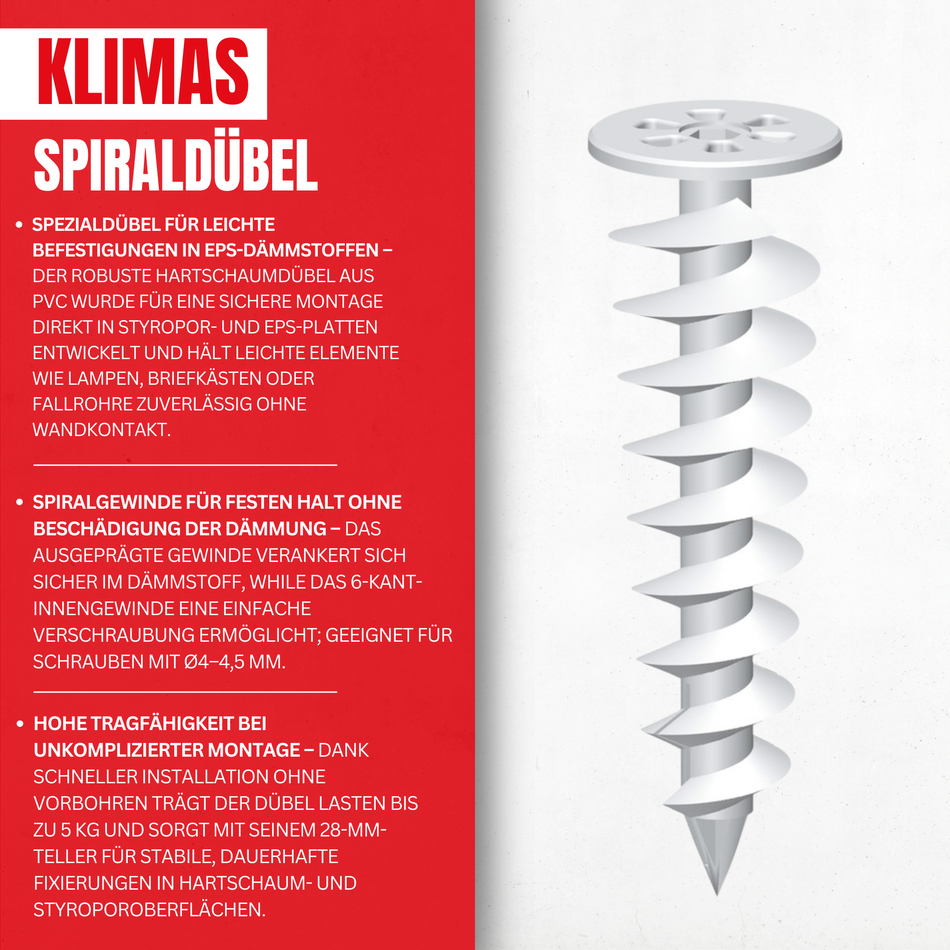 Spiraldübel 50 mm - Styropordübel - Dämmstoffdübel - Hartschaumdübel