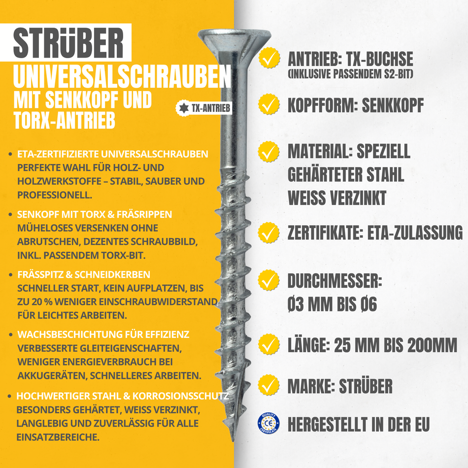 STRÜBER Universalschrauben 5,0 x 40 mm / 200 Stk. - Spanplattenschrauben mit Senkkopf und Torx-Antrieb - Verzinkte Holzschrauben mit Teilgewinde