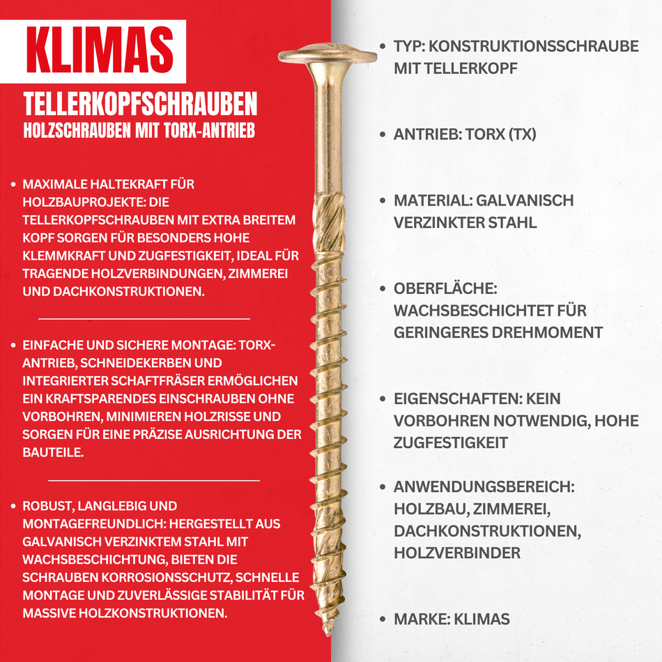 KLIMAS Tellerkopfschrauben 6x50 mm / 100 Stk. - Holzschrauben mit Torx-Antrieb - Gelb verzinkte Konstruktionsschrauben