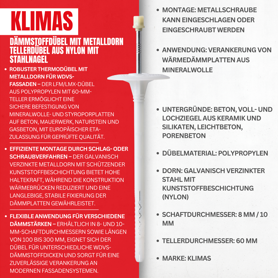 KLIMAS Dämmstoffdübel 10x140mm / 200 Stk. mit Metalldorn - Tellerdübel aus Nylon mit Stahlnagel - Schlagdübel für WDVS - Thermodübel für Mineralwolle und Styropor