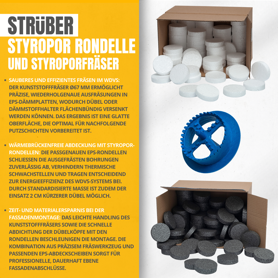 STRÜBER WDVS SET (100 Weiß Styropor Rondelle + 1 Fräser)