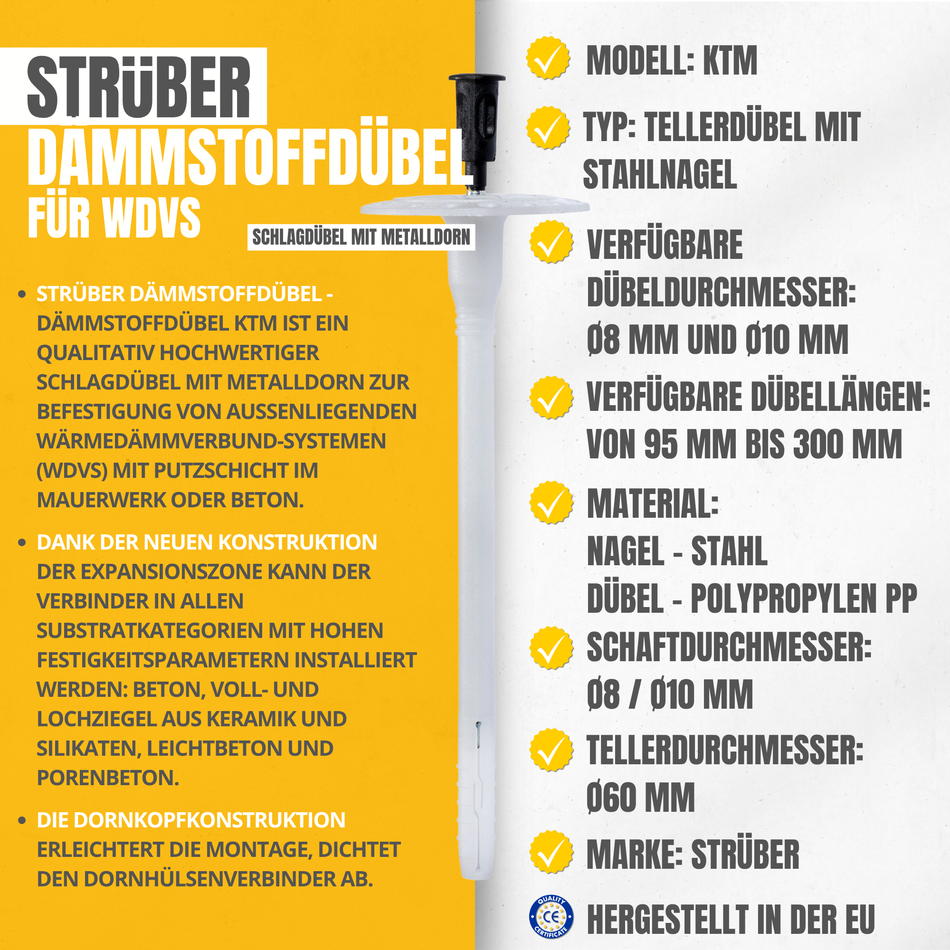 STRÜBER Dämmstoffdübel Set 10x260mm Schlagdübel mit Stahlnagel 100 Stk. + 100 Styropor Rondelle + 1 Fräser / WDVS-SET