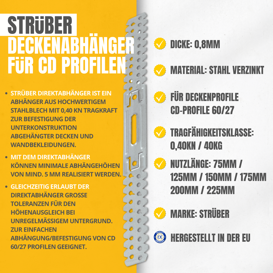 STRÜBER Direktabhänger 75 mm / 100 Stk. - Deckenabhänger für CD Profil 60/27 - U-Abhänger 0,8 mm