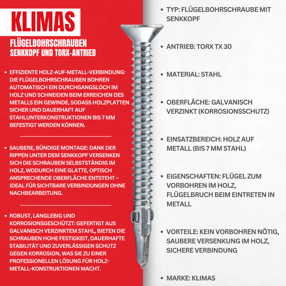 Flügelbohrschrauben 6,3x50 mm / 250 Stk. - Senkkopf und Torx-Antrieb