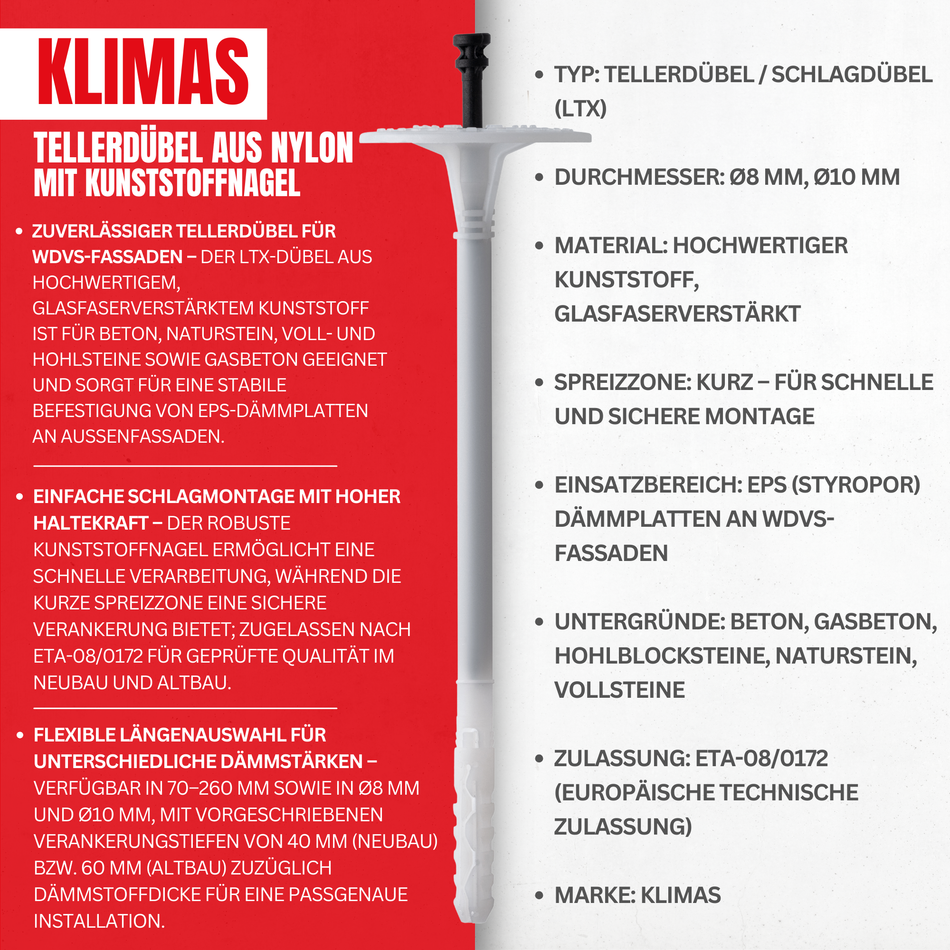 KLIMAS Dämmstoffdübel 10x180mm / 200 Stk. - Tellerdübel aus Nylon mit Kunststoffnagel - Schlagdübel für WDVS - Thermodübel für Styropor EPS