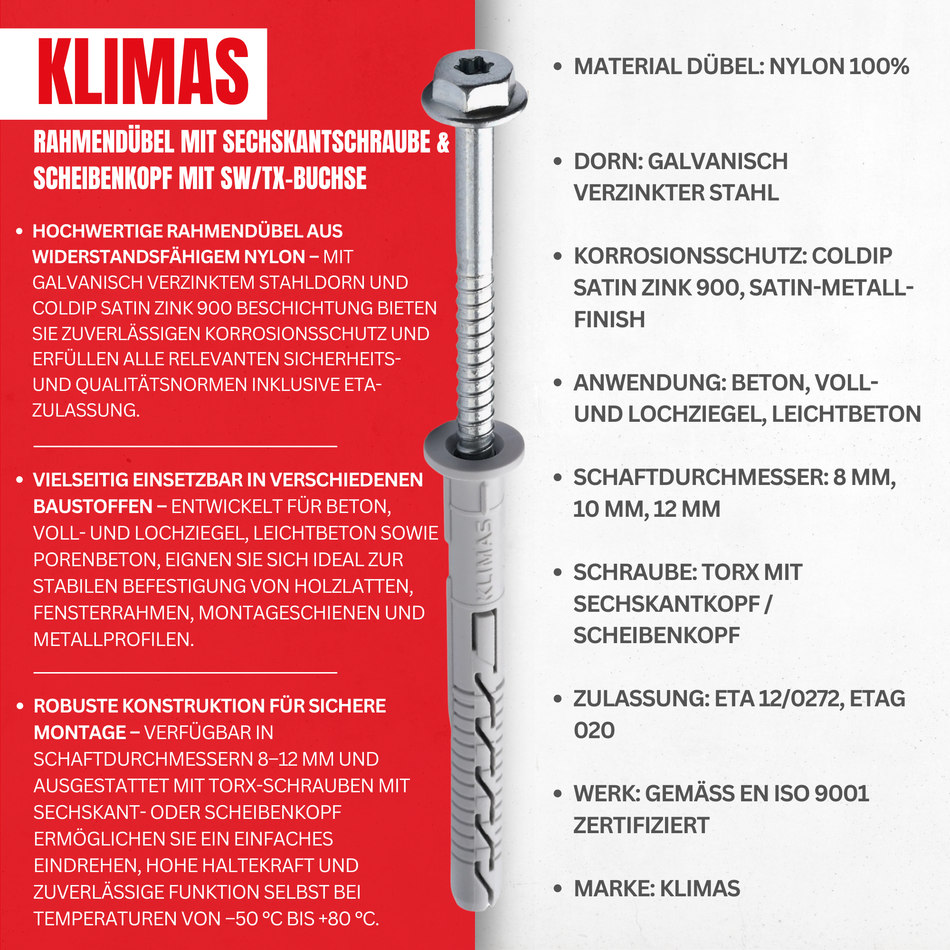 KLIMAS Rahmendübel 12x120 mm / 25 Stk. - Fensterrahmendübel mit Sechskantschraube & Scheibenkopf mit SW/TX-Buchse – Langschaftdübel