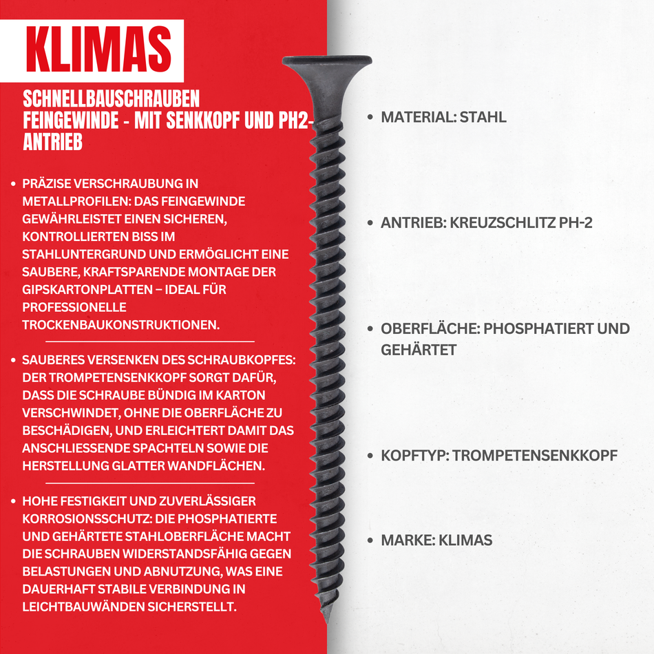 Schnellbauschrauben 3,5 x 25 mm / 1000 Stk. Feingewinde - mit Senkkopf und PH2-Antrieb - Trockenbauschrauben – Gipskartonschrauben