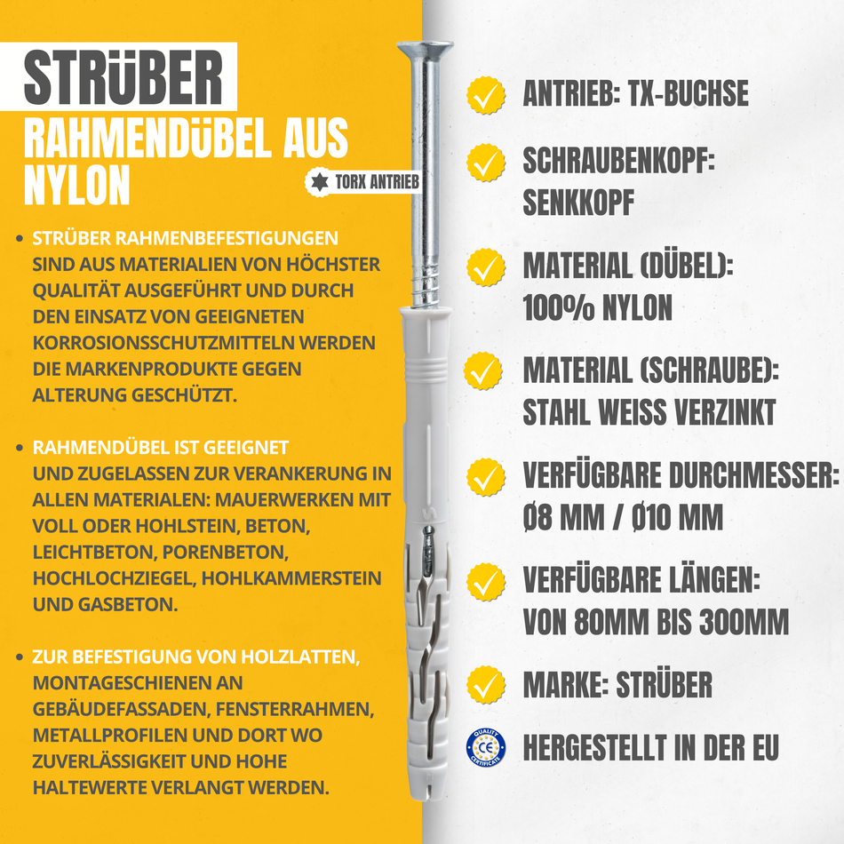 STRÜBER Rahmendübel 10x260 mm / 25 Stk. - Fensterrahmendübel mit Senkkopfschrauben Torx - Langschaftdübel