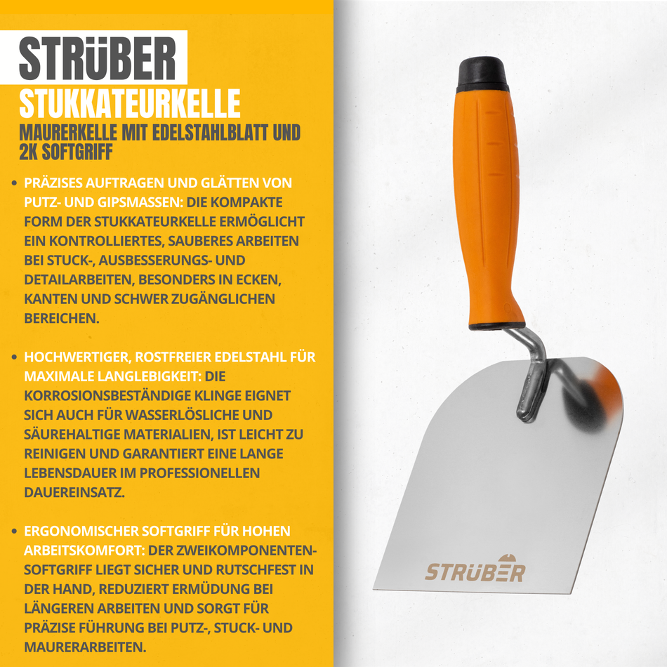 STRÜBER Stukkateurkelle 50 mm - Maurerkelle mit Edelstahlblatt und 2K Softgriff