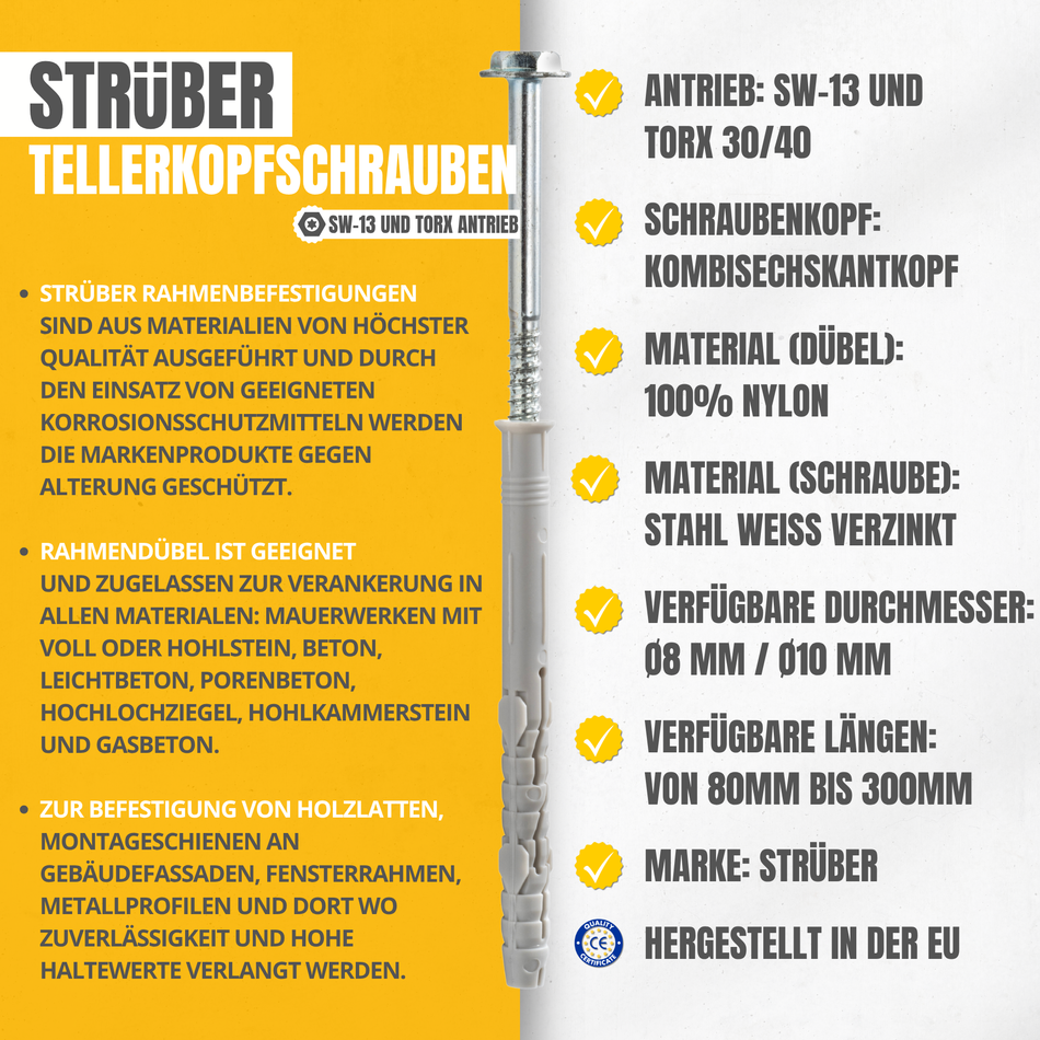 STRÜBER Rahmendübel 8x120 mm / 50 Stk. - Fensterrahmendübel mit Sechskantschraube & Scheibenkopf mit SW/TX-Buchse – Langschaftdübel