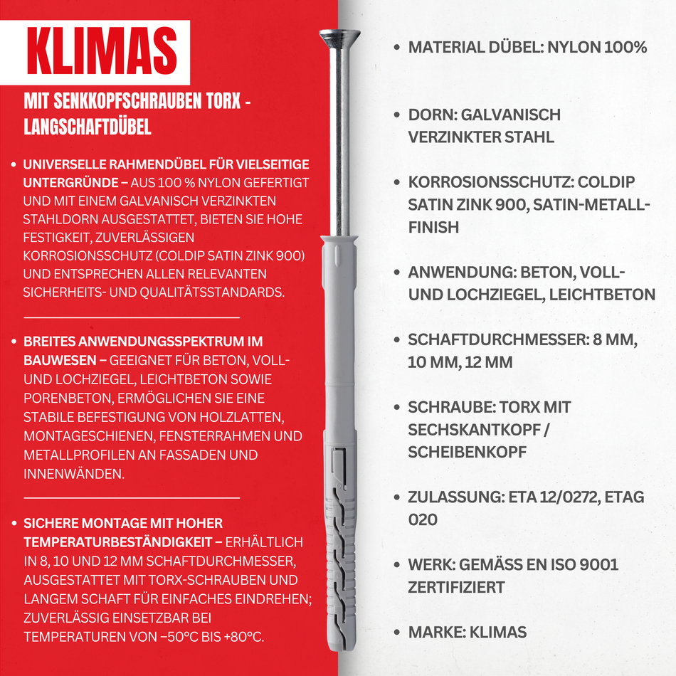 KLIMAS Rahmendübel 10x260 mm / 25 Stk. - Fensterrahmendübel mit Senkkopfschrauben Torx - Langschaftdübel