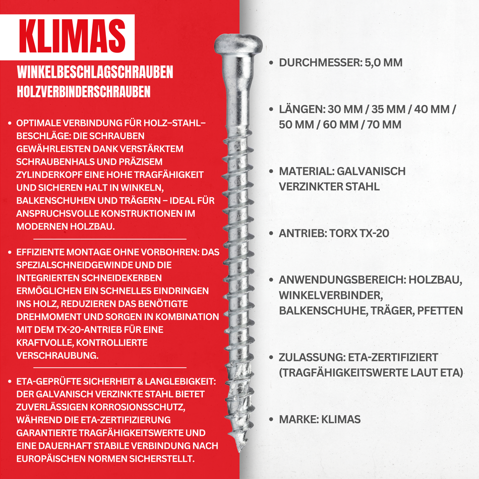 KLIMAS Winkelbeschlagschrauben 5x30 mm / 250 Stk. – Holzverbinderschrauben
