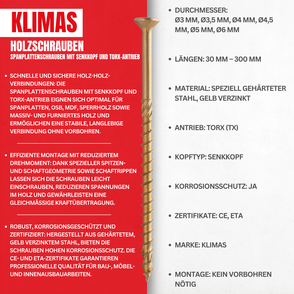 KLIMAS Holzschrauben 6,0x240 mm / 100 Stk. - Spanplattenschrauben mit Senkkopf und Torx-Antrieb - Gelb verzinkte Universalschrauben