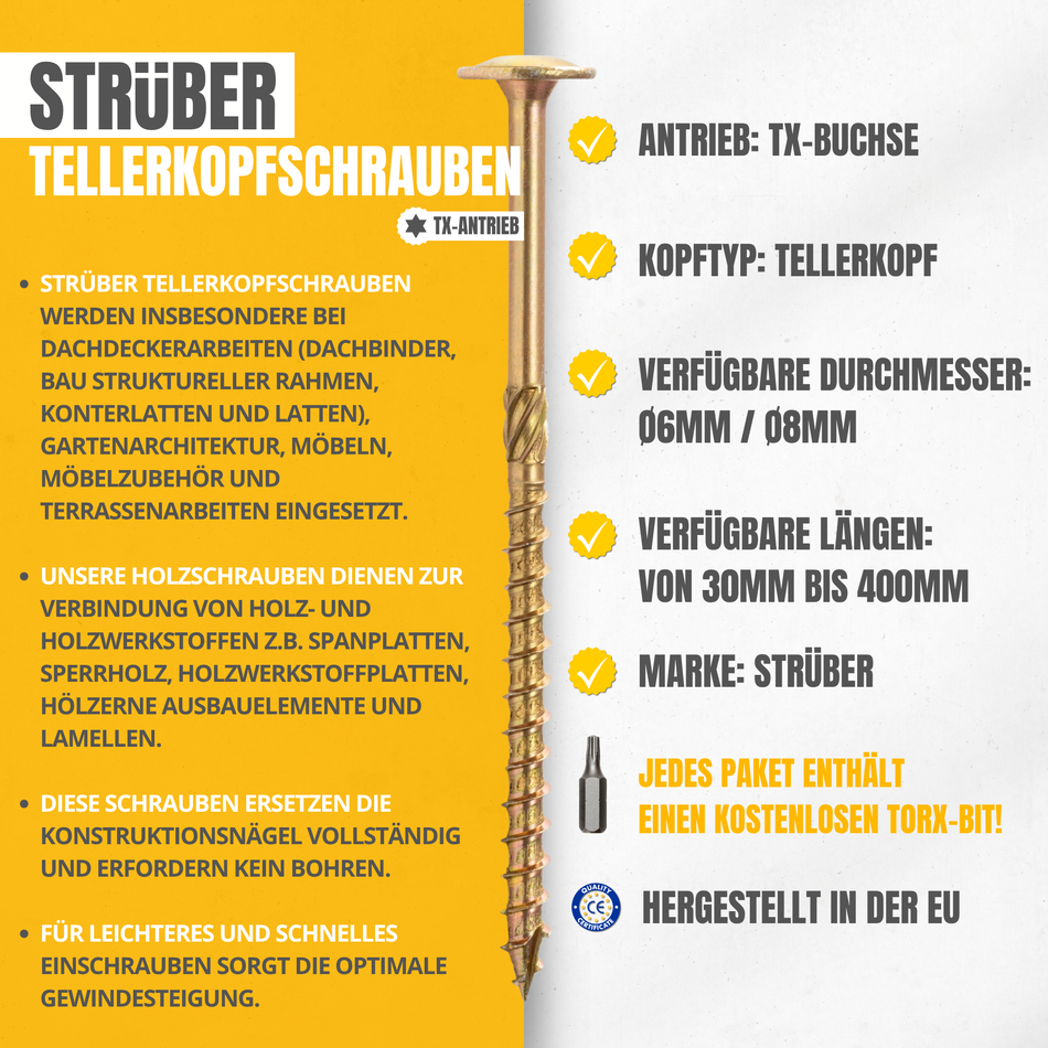STRÜBER Tellerkopfschrauben 8x300 mm / 50 Stk. - Holzschrauben mit Torx-Antrieb - Gelb verzinkte Konstruktionsschrauben