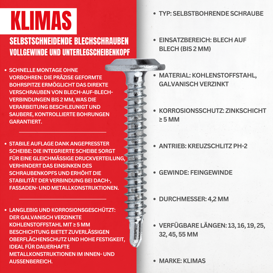 Selbstschneidende Blechschrauben 4,2x13 mm / 1000 Stk. - Vollgewinde und Unterlegscheibenkopf