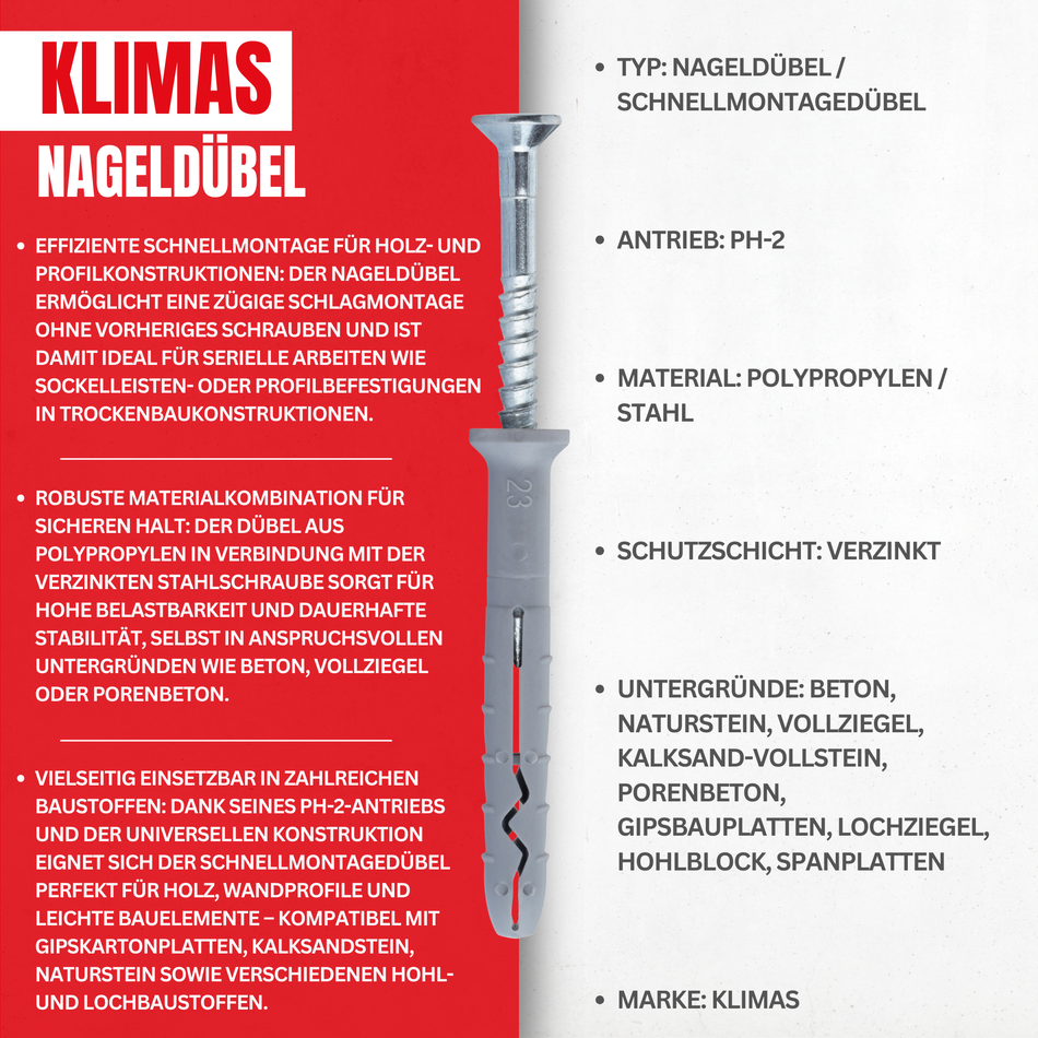 KLIMAS Nageldübel 8x60 mm / 100 Stück - Schnellmontage Schlagdübel mit Senkkopfschrauben