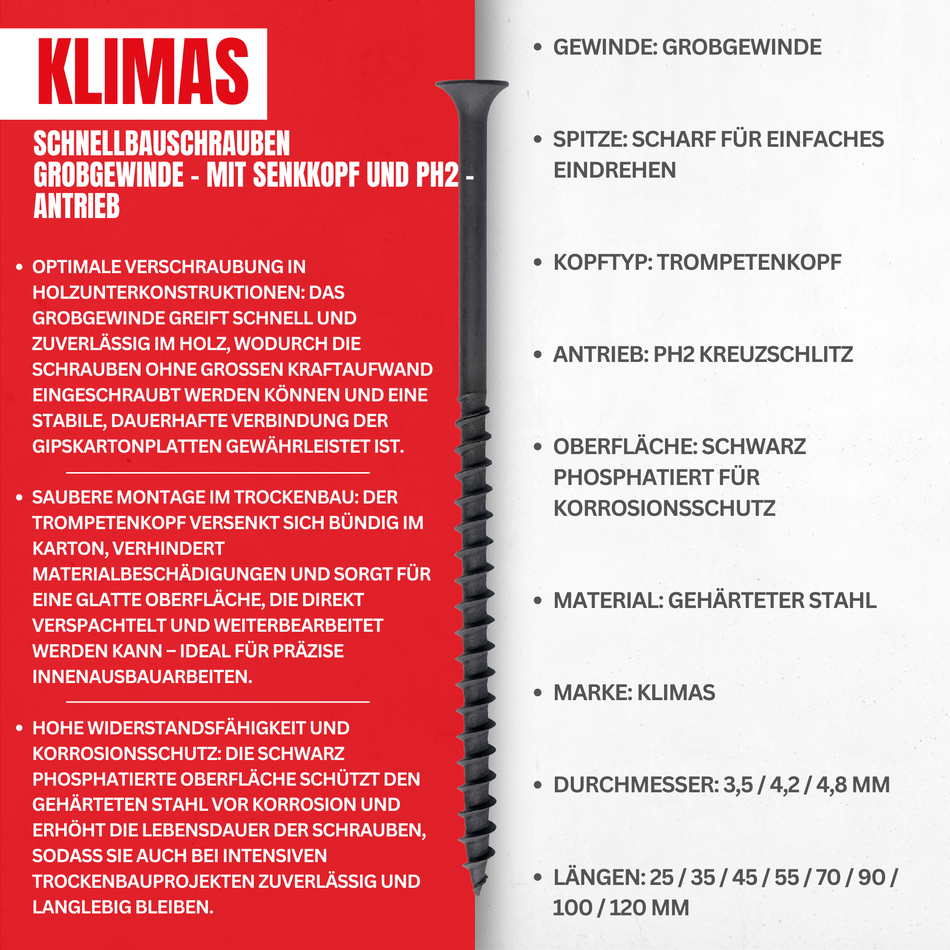 Schnellbauschrauben 3,5 x 25 mm / 1000 Stk. Grobgewinde - mit Senkkopf und PH2-Antrieb - Trockenbauschrauben - Gipskartonschrauben