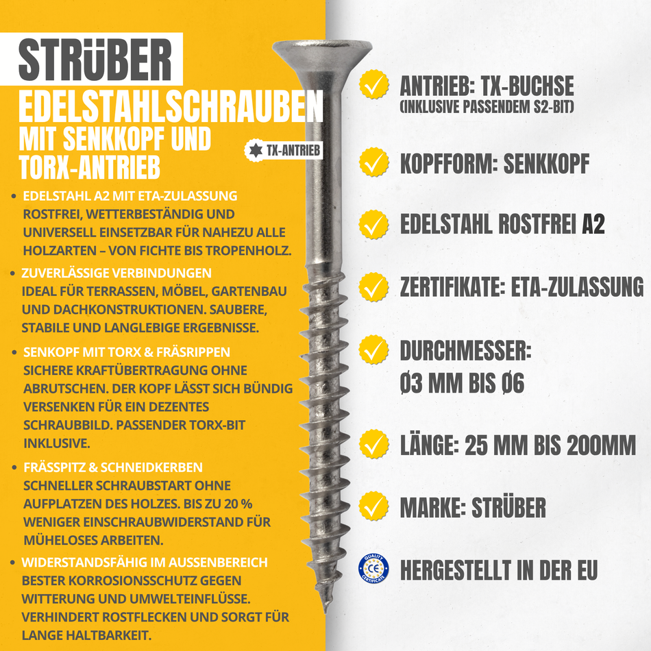 STRÜBER Universalschrauben A2 Edelstahl 6,0 x 80 mm / 200 Stk. - Spanplattenschrauben mit Senkkopf und Torx-Antrieb - Holzschrauben mit Teilgewinde