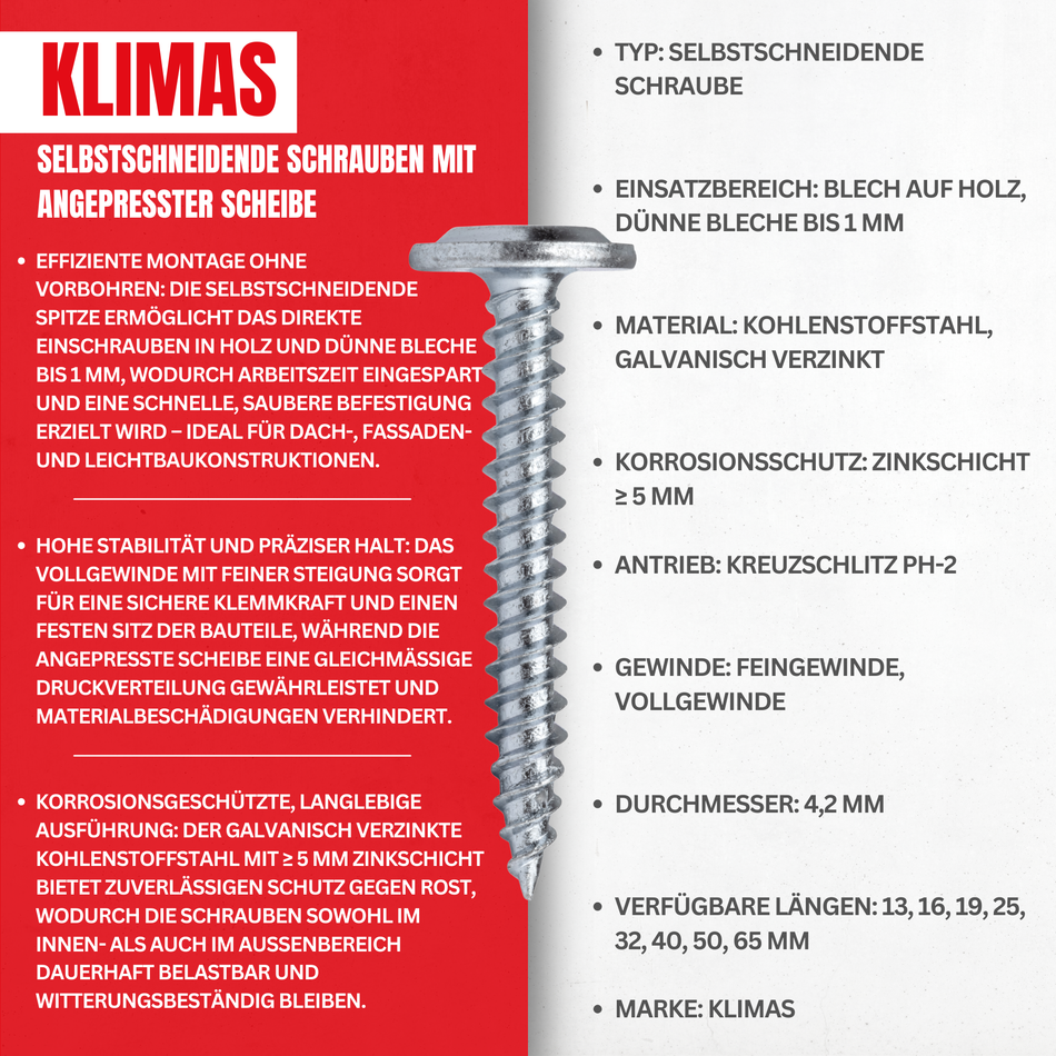 Selbstbohrende Bohrschrauben 4,2x13 mm / 1000 Stk. - Vollgewinde und Unterlegscheibenkopf