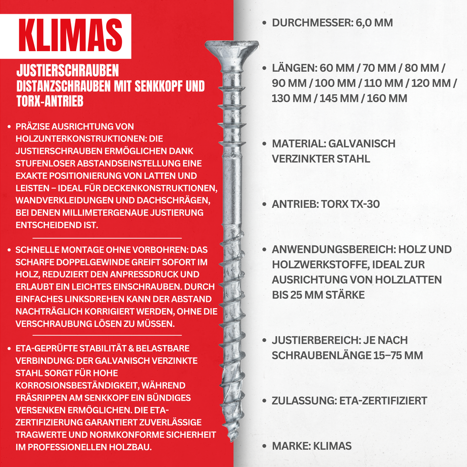 KLIMAS Justierschrauben 6x60 mm / 200 Stk. - Distanzschrauben mit Senkkopf und Torx-Antrieb