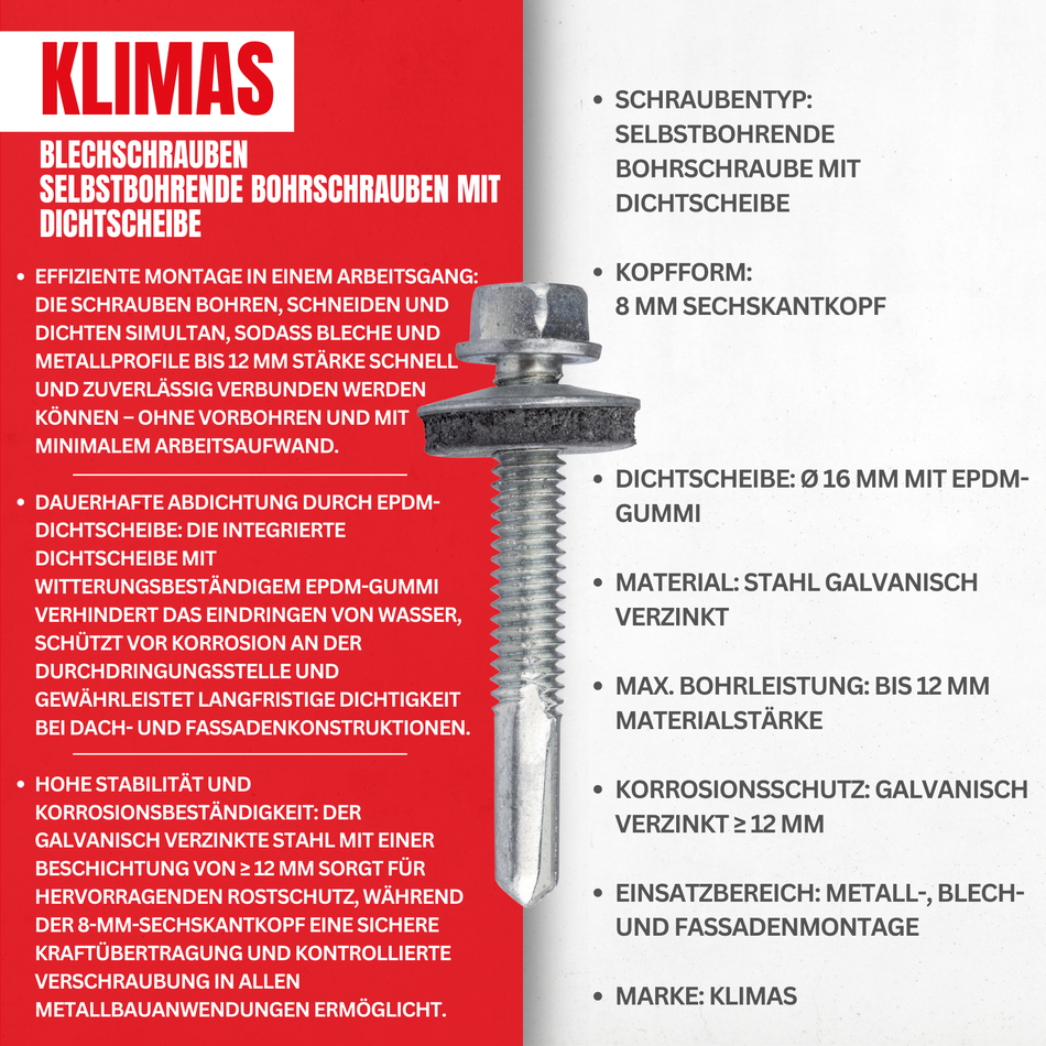 Blechschrauben 5,5 x 38 mm / 200 Stk. - Selbstbohrende Bohrschrauben mit Dichtscheibe