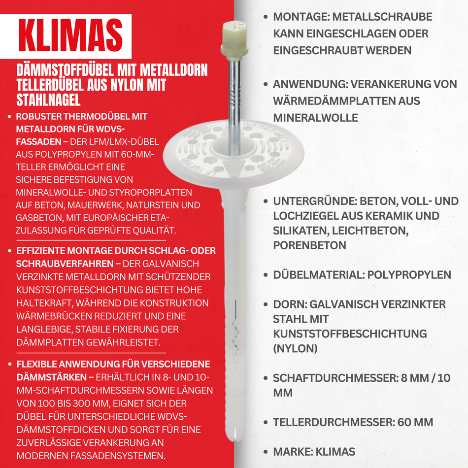 KLIMAS Dämmstoffdübel 10x140mm / 200 Stk. mit Metalldorn - Tellerdübel aus Nylon mit Stahlnagel - Schlagdübel für WDVS - Thermodübel für Mineralwolle und Styropor