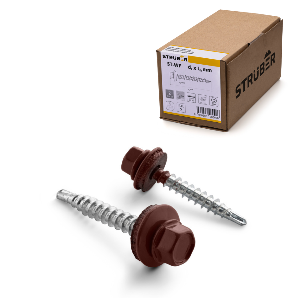 STRÜBER Trapezblechschrauben 4,8x20 mm / 250 Stk. / RAL 3009 – Oxidrot - Selbstbohrende Bohrschrauben mit Dichtscheibe