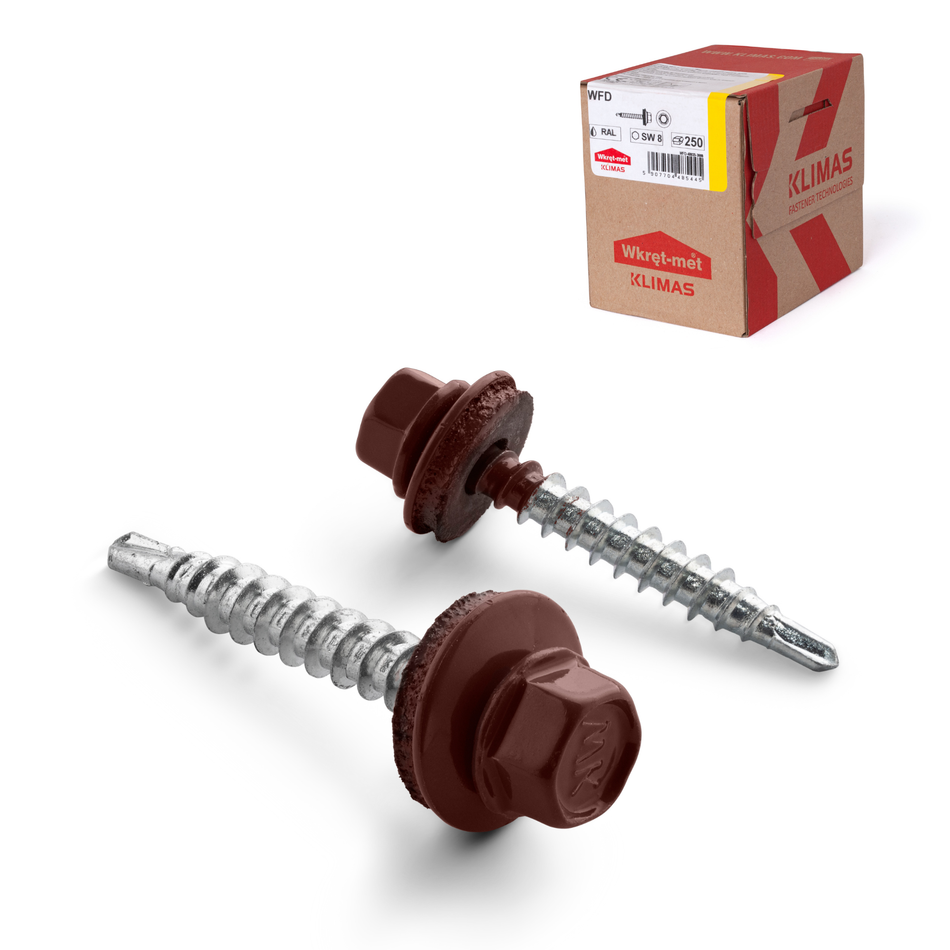 KLIMAS Trapezblechschrauben 4,8x35 mm / 250 Stk. / RAL 3009 - Oxidrot - Selbstbohrende Bohrschrauben mit Dichtscheibe