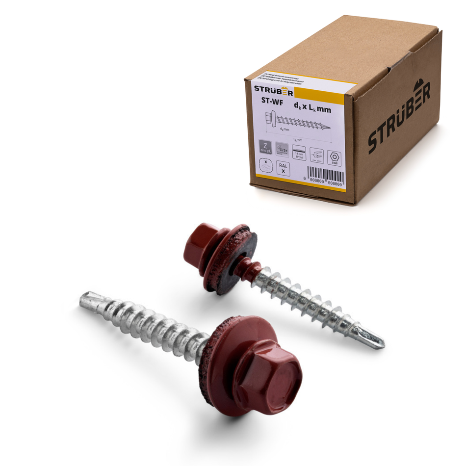 STRÜBER Trapezblechschrauben 4,8x20 mm / 250 Stk. / RAL 3011 – Braunrot - Selbstbohrende Bohrschrauben mit Dichtscheibe