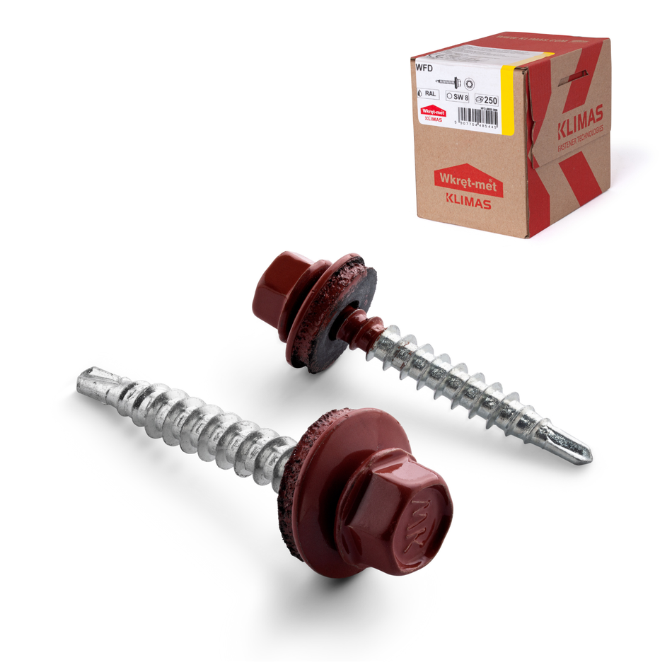 KLIMAS Trapezblechschrauben 4,8x25 mm / 250 Stk. / RAL 3011 - Braunrot - Selbstbohrende Bohrschrauben mit Dichtscheibe