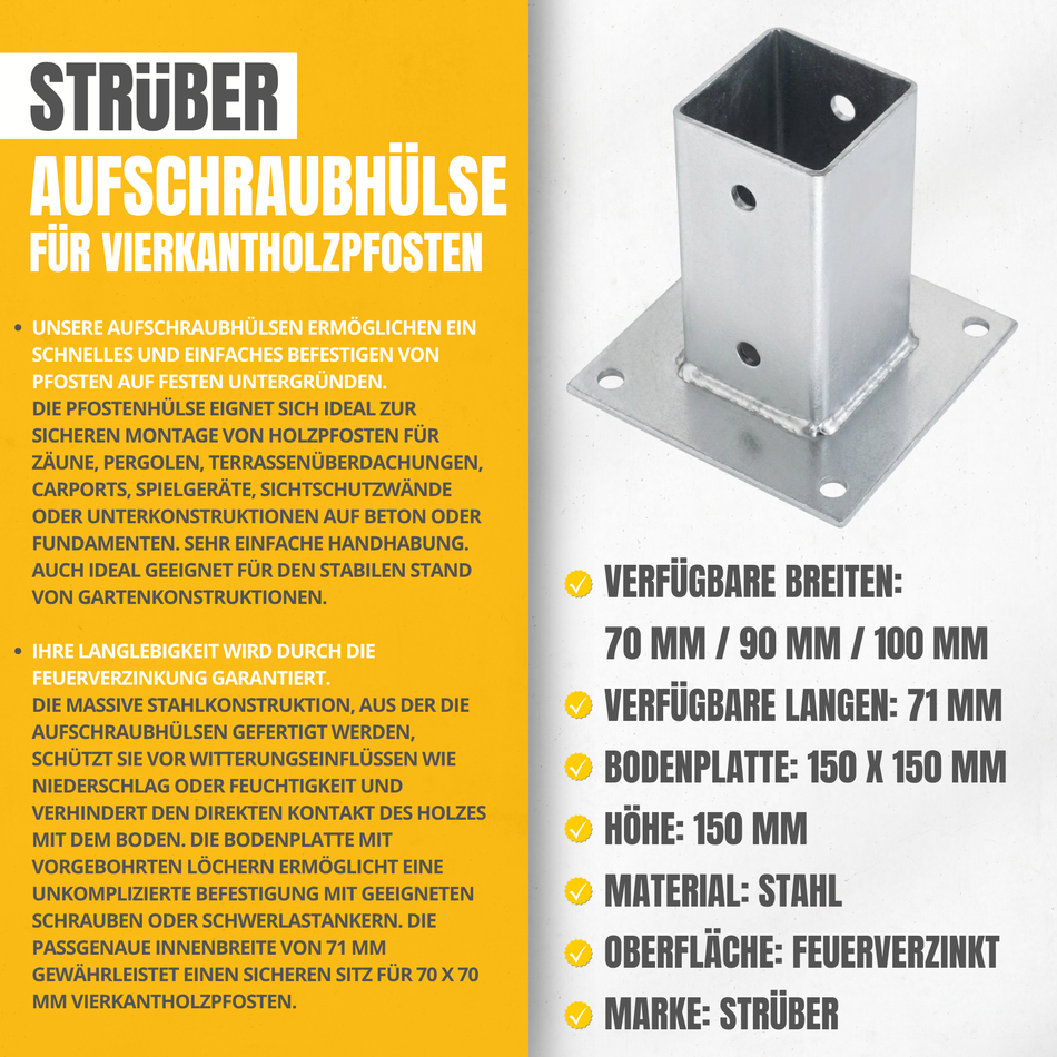 STRÜBER Aufschraubhülse 70 x 70 mm x 150 mm - Feuerverzinkte Pfostenhülse mit Dübelplatte