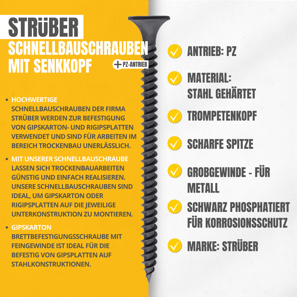 STRÜBER Schnellbauschrauben 3,5 x 35 mm / 1000 Stk. Feingewinde - mit Senkkopf und PH2-Antrieb - Trockenbauschrauben - Gipskartonschrauben