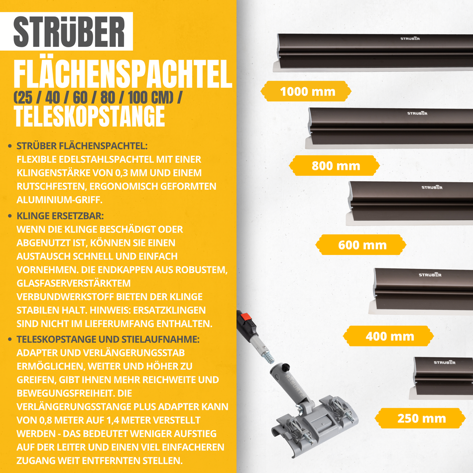STRÜBER Flächenspachtel 250 mm mit handlichem Alu-Griff und austauschbarem Edelstahlblatt 0,3 mm - Dekorspachtel für Trockenbau – Fassadenspachtel