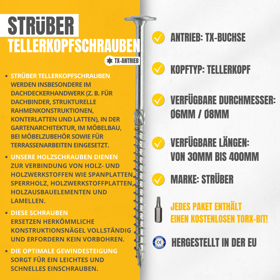 STRÜBER Universalschrauben 8,0x260 mm / 50 Stk. - Spanplattenschrauben mit Senkkopf und Torx-Antrieb - Verzinkte Holzschrauben mit Teilgewinde